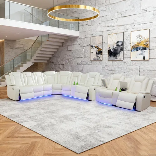 Vista 25 de Juego de sofá modular reclinable eléctrico para sala de estar, juego de sofá reclinable de cuero con luces LED / almacenamiento oculto, sofá