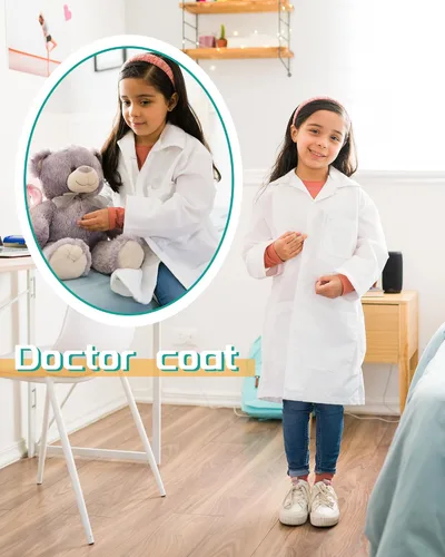 Vista 5 de Taiyin 6 piezas de disfraz de médico para niños, abrigo de laboratorio, uniforme unisex para niños y niñas, enfermeras, graduación, ciencias
