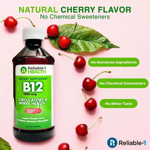 Vista 7 de Reliable-1 Laboratories Suplemento diario de vitamina B12 líquida de 1000 mcg para hombres y mujeres adultos, sabor a cereza natural