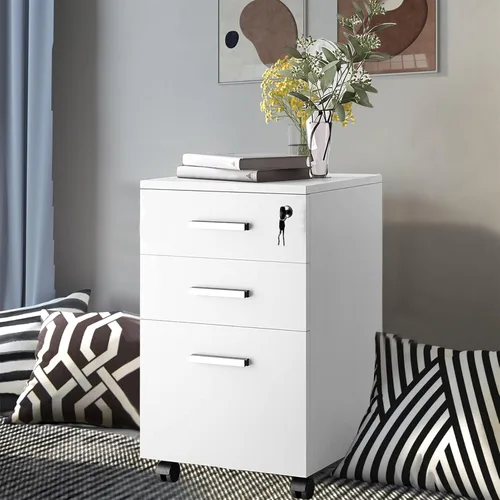 Vista 5 de Archivador móvil con 1 cajón con cerradura, polea de 360 grados, amplio diseño de elevación de escritorio, archivador de madera, archivador rodante