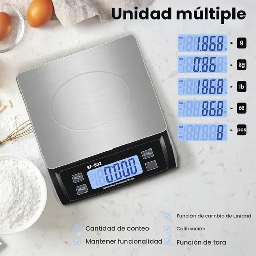 Vista 4 de Báscula Digital de Cocina 30kg/66lb Gran Báscula de Alimentos para Hornear Cocinar Escala de Pan de Acero Inoxidable con Pantalla LCD Escalas