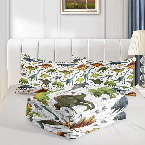 Vista 4 de BailiPromise Jurassic Dino - Juego de edredón de 3 piezas, tamaño individual, edredón para niños con fundas de almohada, para todas las estaciones