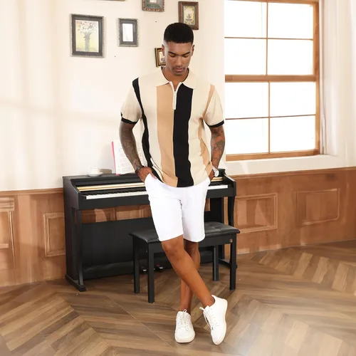 Vista 6 de Camisas polo de moda para hombre, camisas de punto vintage a rayas, camisas de golf casuales ajustadas
