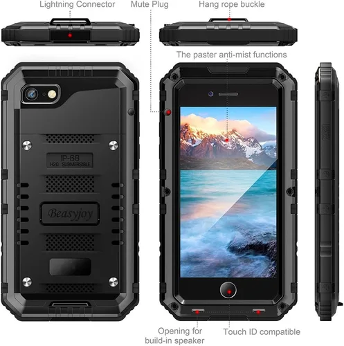 Vista 5 de Beasyjoy Funda de Metal para iPhone SE 2022/2020/8/7, Funda Impermeable Resistente con Protector de Pantalla, Protección de Cuerpo Completo Grado