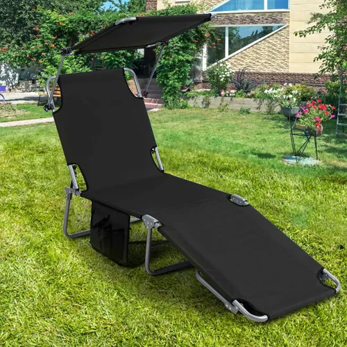 Vista 9 de Giantex Silla bronceadora, tumbona de patio con 5 posiciones ajustables, toldo de sombra, bolsillo de almacenamiento, cuna de campamento, sillón