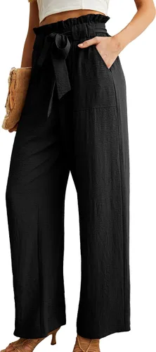 Vista 2 de IWOLLENCE Pantalones de pierna ancha para mujer con bolsillos, cintura alta, nudo ajustable, holgados, casuales, para trabajo y negocios