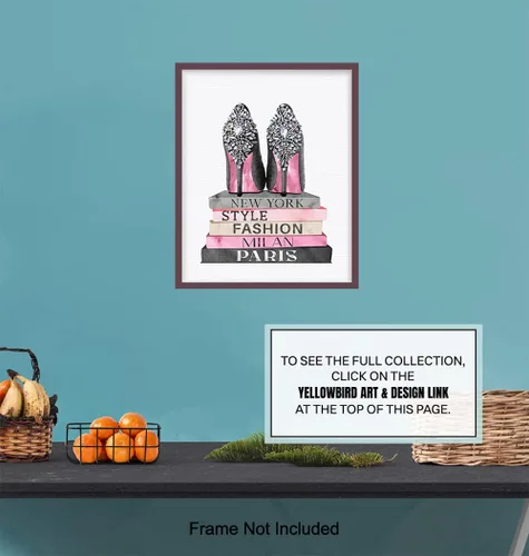 Vista 7 de Póster artístico de pared con diseño de zapatos de diseñador rosa y negro, decoración glamorosa para el hogar, decoración de pared glamorosa