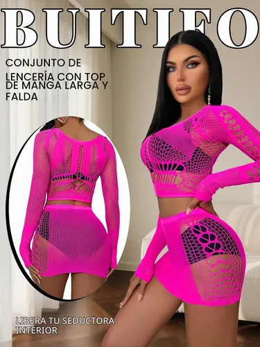 Vista 3 de Buitifo Lencería sexy para mujer, babydoll de red, ropa de noche, top exótico y minifalda Rojo rosa