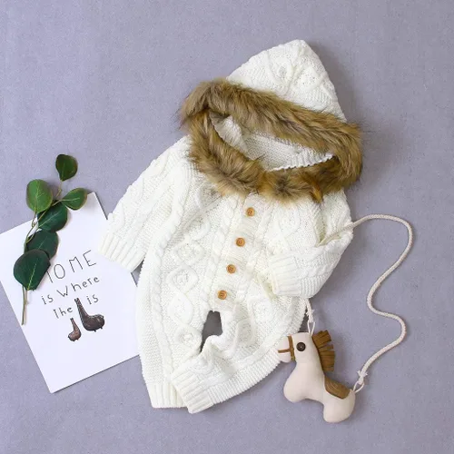 Vista 4 de TBUIALL Mono Invierno Faux Collar Niña Suéter Ropa Cálida Niño Punto Bebé Con Capucha Niños Abrigo Y Chaqueta Con Capucha Niños Cremallera