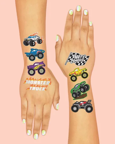 Vista 4 de xo, Fetti Monster Truck Party Supplies - Tatuajes temporales - 42 estilos metálicos Camiones, coches grandes, líneas de acabado + llamas