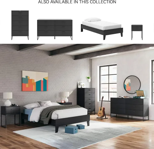 Vista 5 de Signature Design by Ashley Socalle - Cama plataforma matrimonial, color negro, minimalista sin cabecero, madera de ingeniería
