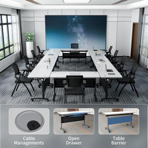 Vista 6 de Mesa de conferencias plegable con ruedas, mesa modular para sala de conferencias con 2 ojales para cables, mesas móviles de sala de reuniones
