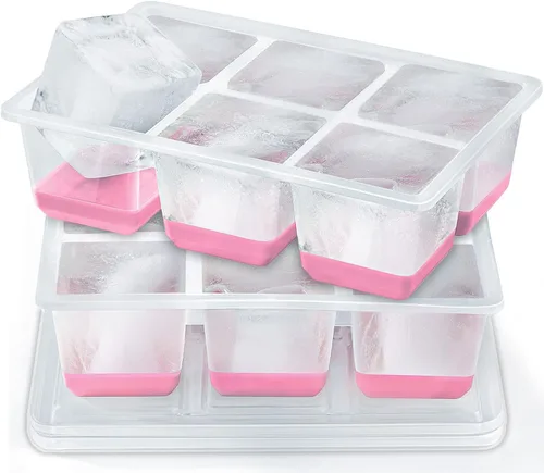Vista 8 de Bandejas para cubitos de hielo, 2 unidades, moldes grandes de silicona para cubitos de hielo con tapa a prueba de fugas, marco de TPE transparente