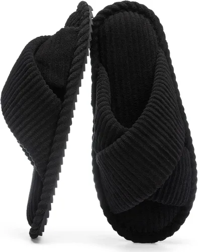Vista 23 de GOEWY - Pantuflas para mujer con espuma viscoelástica para el hogar, con entretejido de pana, tiras cruzadas, con punta abierta, sandalias cómodas