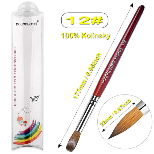 Vista 2 de (1 unidad) Cepillo de uñas acrílicas con cabello de sable Kolinsky 100% puro y mano de madera roja, cepillo de gel profesional redondo