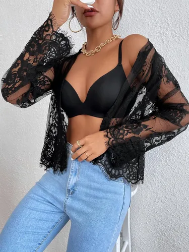 Vista 5 de SheIn Blusa de manga larga con encaje transparente floral para mujer cuello frontal con botones