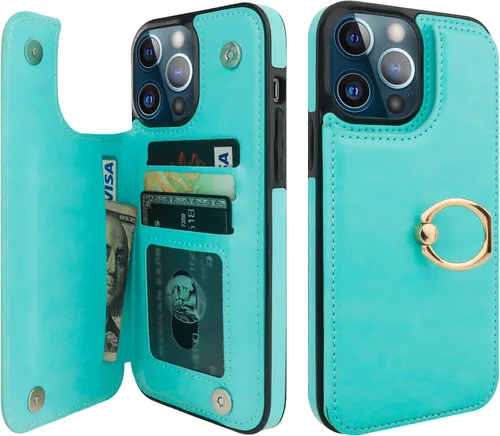 Vista 19 de ONETOP Funda tipo cartera para iPhone 13 con soporte para tarjetas, anillo de rotación de 360°, bloqueo RFID, doble cierre magnético, a prueba