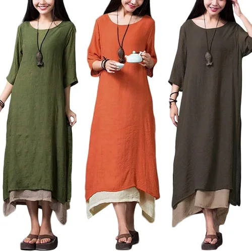 Vista 8 de Versear Vestido largo suelto para mujer, estilo bohemio, estilo túnica, vintage, con capas, casual, para mujer