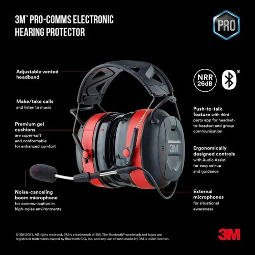 Vista 2 de 3M Pro-Comms - Protector auditivo electrónico, orejeras inalámbricas con tecnología Bluetooth y micrófono de brazo externo con cancelación de ruido