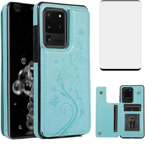Vista 13 de Funda de teléfono para Samsung Galaxy S20 Ultra Glaxay S20ultra 5G con protector de pantalla de vidrio templado, tarjetero con soporte para Negro