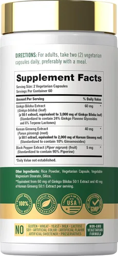 Vista 2 de Carlyle Panax Ginseng y Ginkgo 120 Cápsulas Vegetarianas Suplemento sin OMG y sin gluten