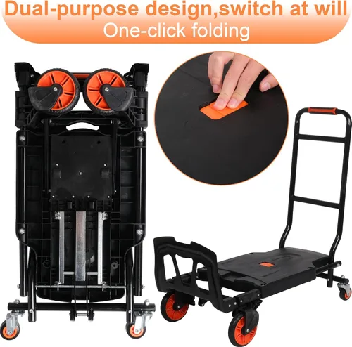 Vista 3 de Carro de mano plegable, camión de plataforma de doble propósito con plegado de un botón, carrito de equipaje portátil de cama plana con cordón