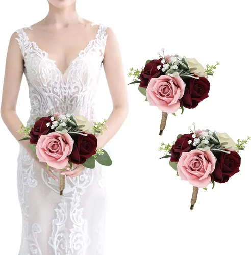 Vista 9 de Ramo de dama de honor artificial para boda, ramo de flores de seda prefabricadas de 7 pulgadas, ramo de flores pequeñas para dama de honor