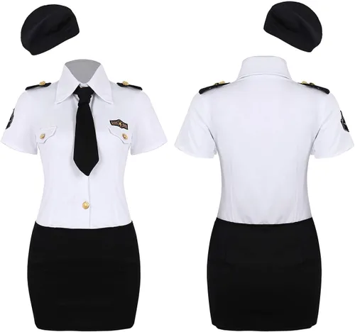 Vista 5 de CHICTRY Disfraz de policía para mujer, uniforme de policía, disfraz de cosplay de Halloween, Blanco