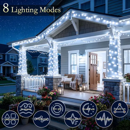 Vista 3 de Tira de luces de Navidad para interiores y exteriores, impermeable, 200 luces LED, 66 pies, 8 modos, luz blanca fría, para decoraciones de la casa