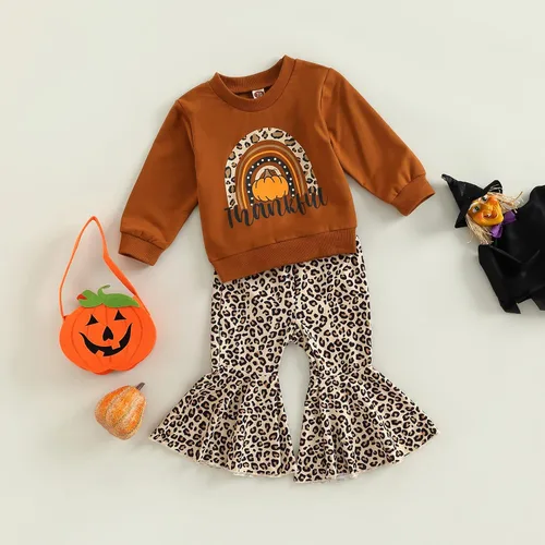 Vista 3 de Conjunto de sudadera de manga larga con cuello redondo y pantalones acampanados para bebé niña