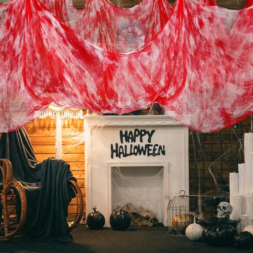 Vista 7 de Whaline Tela de gasa espeluznante roja de Halloween de 276 x 87 pulgadas, decoración de Halloween para casas embrujadas, suministros de fiesta