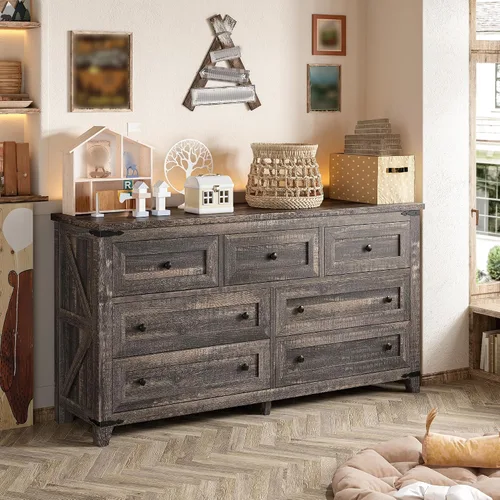 Vista 7 de EnHomee Cómoda de granja para dormitorio, mueble de TV de 51.2 pulgadas de Roble rústico oscuro