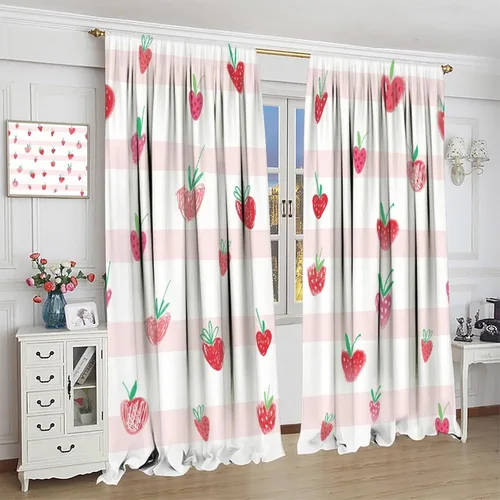 Vista 4 de Cortinas bohemias con diseño de fresas, bonitas cortinas bohemias con bolsillo para barra de fruta, tratamiento de ventana para cocina, sala