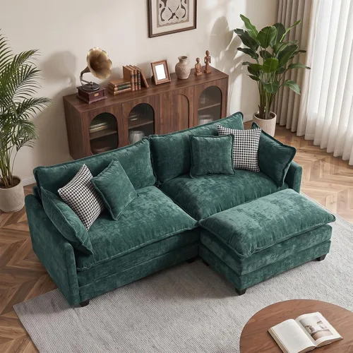 Vista 102 de Sofá individual modular de chenilla con otomana, sofá nube con almohada, color beige