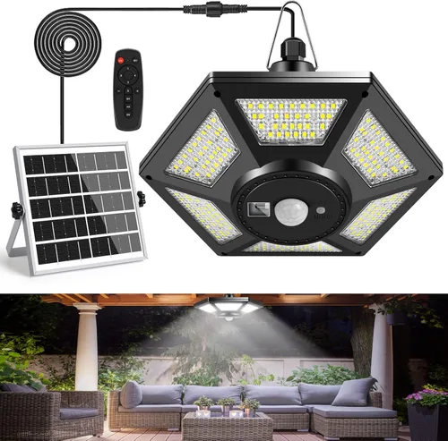 Vista 9 de Deogos Luces colgantes solares, luces solares de doble cabezal con sensor de movimiento para exteriores, 180 luces LED solares para interiores