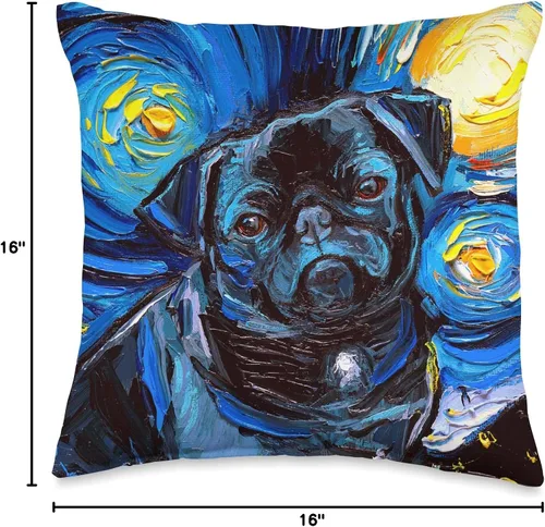 Vista 4 de Sagittarius Gallery Black Pug Starry Night Cute Little Dog Art by Aja Throw Pillow, 16 x 16 pulgadas, multicolor