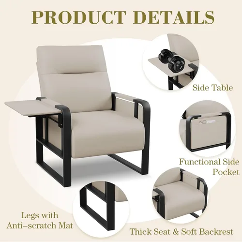 Vista 6 de Silla de Acento Moderna Tapizada en Cuero PU Sillón con Mesa de Bandeja para Dormitorio Sala de Estar Sillas Silla de Oficina Beige