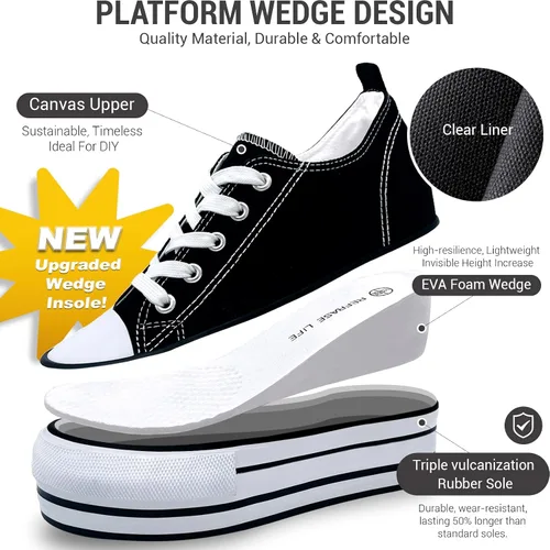 Vista 2 de Womens Platform Shoes Hidden Wedge 3 Inches Height Increase, Canvas Sneakers High Heel White Black Fashion Sneakers for Women and Girls
