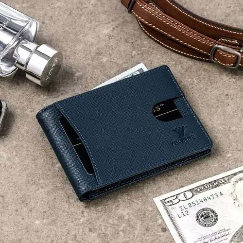 Vista 2 de Cartera plegable de bloqueo RFID compacta funcional para hombres, hecha del cuero genuino más fino