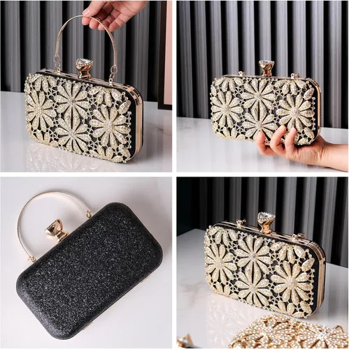 Vista 6 de Bolso de noche con flores de diamantes de imitación para mujer, monedero de lentejuelas brillantes, bolso de mano de cristal, bolso de hombro