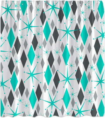 Vista 4 de Mid Century Shower Curtain Modern Blue Grey Abstract Geometric Atomic Vintage 1950s 60s Minimalist Retro Boho Fabric Curtain with Hook