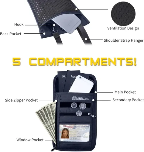 Vista 5 de Cartera de viaje, bolsa para el cuello con RFID impermeable multifuncional organizador de documentos, diseño de ventana visual, cartera de viaje