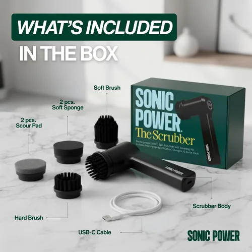Vista 7 de SonicPower Limpiador eléctrico giratorio – De mano y ergonómico, IPX7 impermeable, 4 cabezales de cepillo multiusos, batería recargable de larga