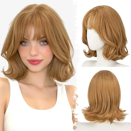 Vista 11 de BARSDAR Synthetic Short Layered Brown Highlights Bob Wig with Wispy Bangs