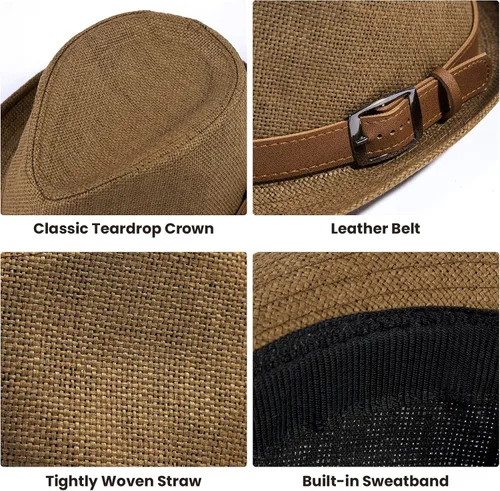 Vista 3 de Simplicity Sombrero de paja Trilby Fedora estilo Panamá con cinturón de cuero