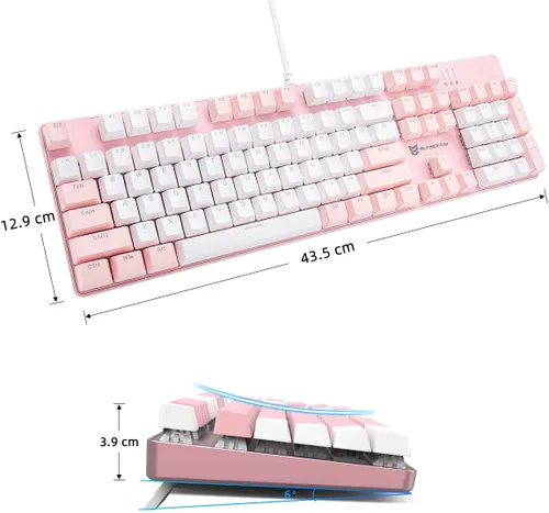 Vista 4 de Teclado mecánico con cable Interruptor marrón Diseño de 104 teclas de EE. UU. Intercambiable en caliente y silencioso Combo rosa y blanco