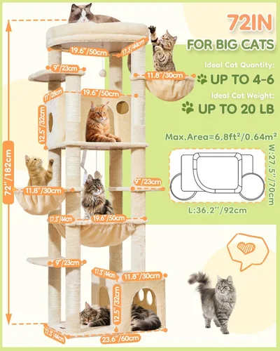 Vista 2 de Taoqimiao Árbol para gatos de 72 pulgadas, torre XXL para gatos de interior y adultos, plataforma extragrande, 2 casas para gatos, 7 postes