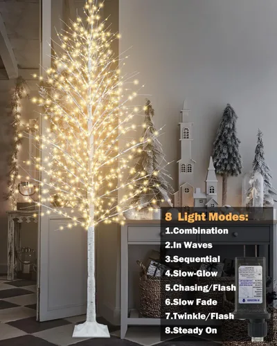 Vista 4 de TORONTOKYO Árbol de abedul iluminado de 8 pies, 1440 luces LED blancas cálidas, 8 modos de iluminación, árbol de Navidad artificial blanco con 7.9 ft