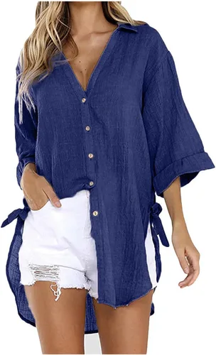 Vista 24 de Camisas de manga larga con botones para mujer, asimétricas, casuales, con cordones, túnica de gran