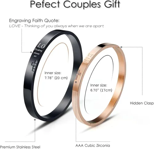 Vista 4 de Wolentty Pulseras a juego para él y para ella, de acero inoxidable, para parejas, regalos para hombres y mujeres, Acero inoxidable, Circonita cúbica